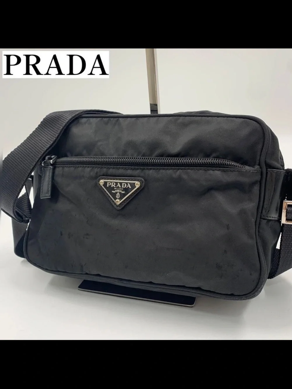 Prada Black Nylon Messenger Bag with Triangular Logo Plaque